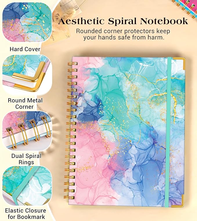 Lined Spiral Notebook Journal for Women, 150 Pages Cute Notebooks 5.75” x 8.38”, A5 Hardcover Spiral Journals with 100 GSM Thick Paper, College Ruled Notebook for Writing Work School, Pink Blue Marble