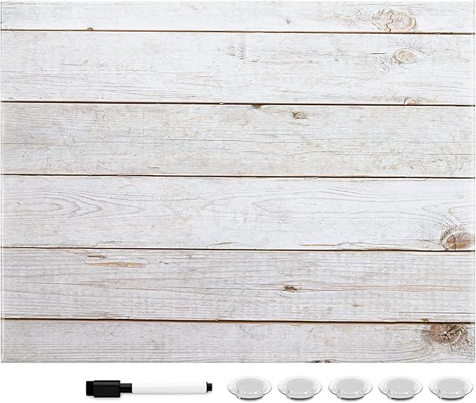 Navaris Magnetic Dry Erase Board - 13 x 17 inches Decorative White Board for Wall with Design, Includes 5 Magnets and Marker - Wooden Planks