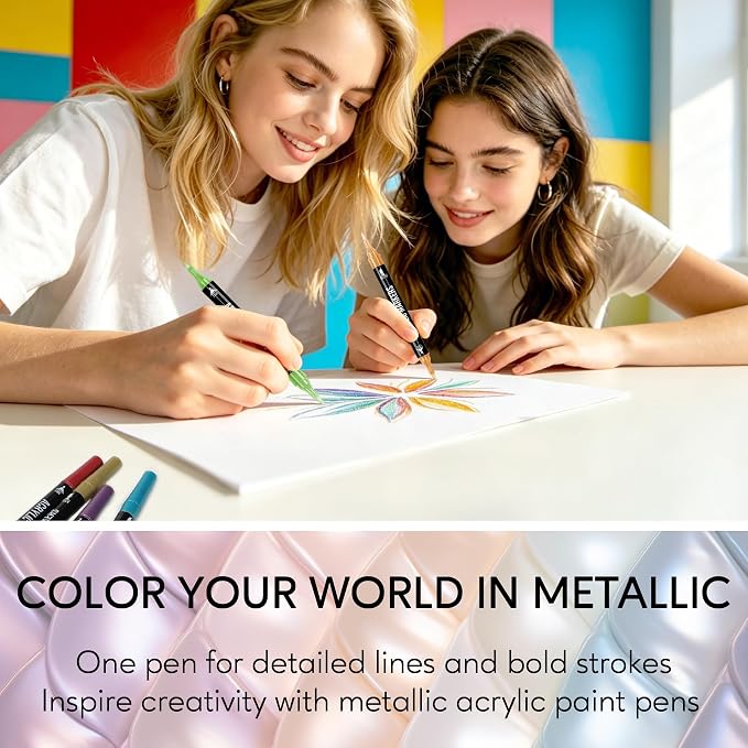 Pagather Metallic Acrylic Paint Markers, 24 Colors Dual Tip Pens Set