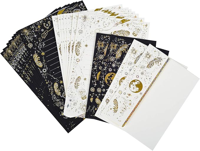 A5 Small Gold Foil Lined Stationary Paper and Envelopes Set,16 Sheets Black White Feather Lined Letter Writing Paper Cute Stationery Paper Set,Writing Printer Paper Decorative Paper