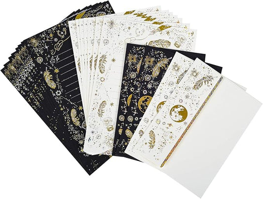 A5 Small Gold Foil Lined Stationary Paper and Envelopes Set,16 Sheets Black White Feather Lined Letter Writing Paper Cute Stationery Paper Set,Writing Printer Paper Decorative Paper