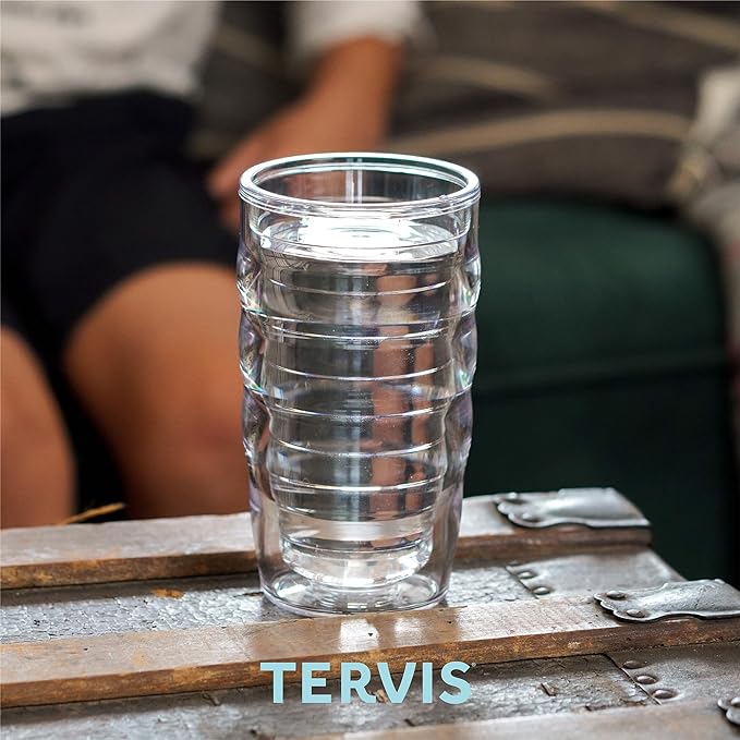 Tervis Clear & Colorful Lidded Made in USA Double Walled Insulated Tumbler Travel Cup Keeps Drinks Cold & Hot, 10oz Wavy, Blue Lid