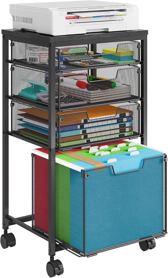 Sbanmao Rolling File Cart with 4 Storage Drawers, Mobile File Cabinet with Wheels, Hanging File Organizer, Under Desk Printer Stand Utility Cart Filing Cabinet for Home Office, Black