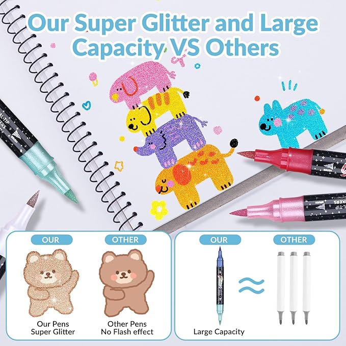KEMYR Glitter Effect Brush Markers Pens,96 Colors Dual Tip Glitter Pens Set48 Pack Metallic Sparkle Markers for Cards, DIY Crafts, Doodle, Writing, Adults Coloring Books, Art Supplies Scrapbooking