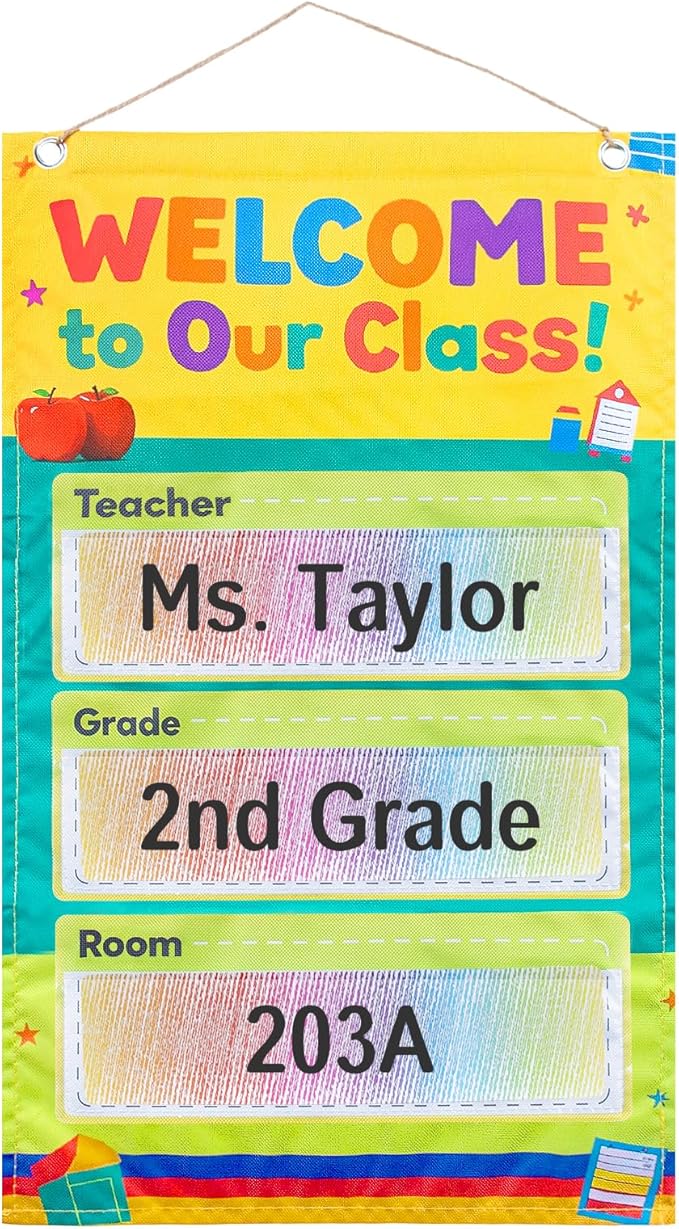 Welcome to Our Classroom Sign, Classroom Door Signs, Teacher Door Sign, Classroom Door Hangers, Transparent Pockets with 6 Cards, Gift for Teacher, Back to School Decoration, 21.5" x 11"