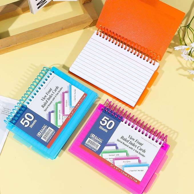 BAZIC Products Ruled Index Cards Book 3" X 5", View Poly Cover Spiral Bound Memo w/ 2 Tab Divider, White Flashcards, Lined Card for Memory (50/Pack), 24-Packs