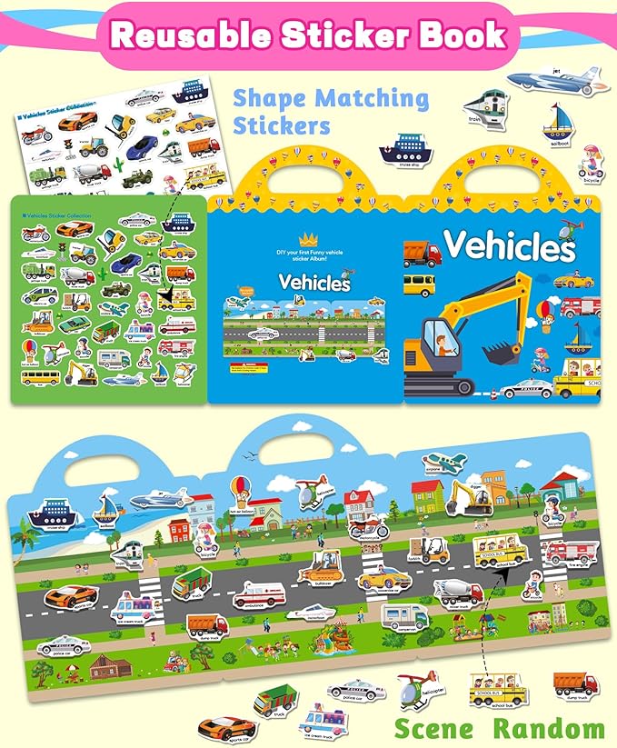 Walenced Reusable Sticker Book for Toddlers, Travel Stickers for Kids, Toddler Craft Activities Toys, Birthday Gifts for Boys & Girls