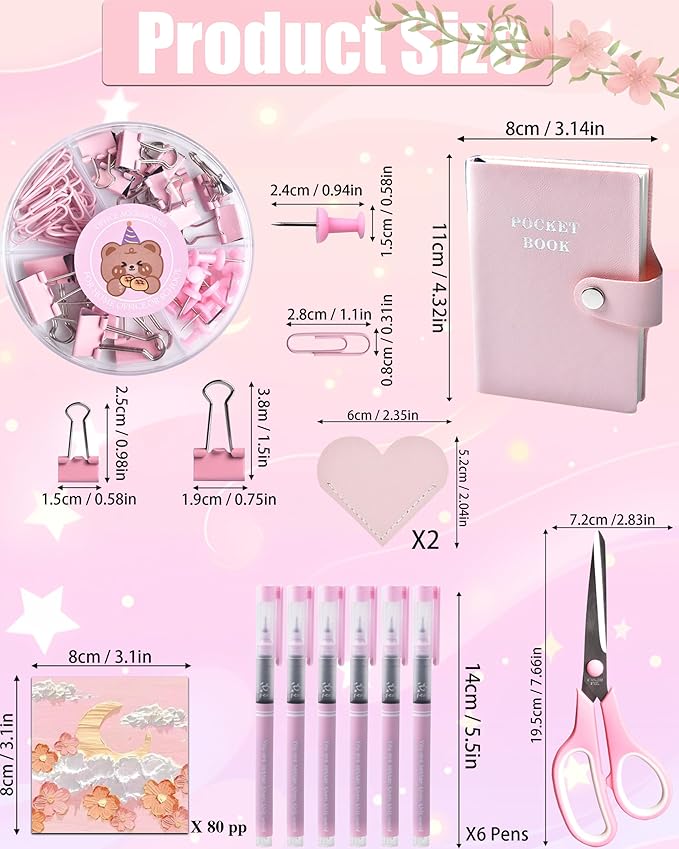LXEVIHK Pink Desk Accessories, 20Pc Office Supplies and 360°Pen Holder Desk Organizers, With Tape Dispenser, Stapler, Staple Remover, Ect, Let the Color Pink Fill Your Desktop