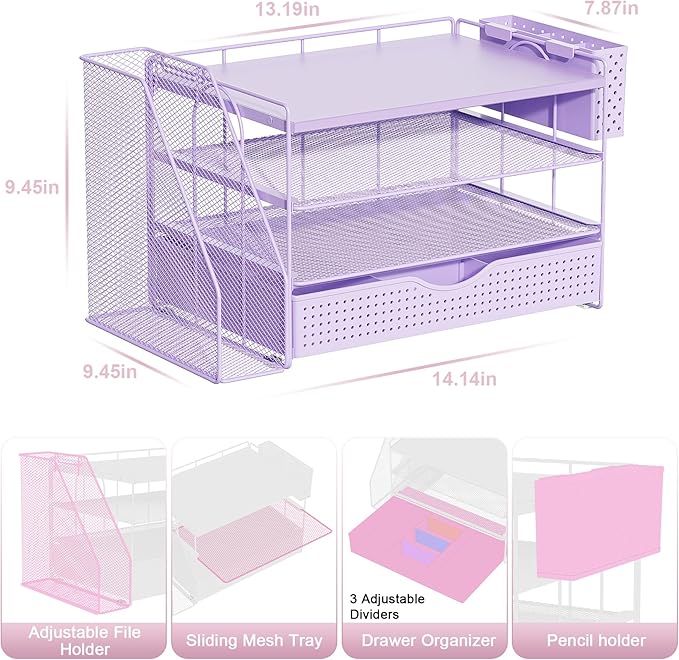 gianotter Wood Desk Organizers and Accessories with File Holder, 4-Tier Desk Accessories & Workspace Organizers with Drawer and Pen Holder, Desk Reference Organizer (Purple, 4T with Drawer)
