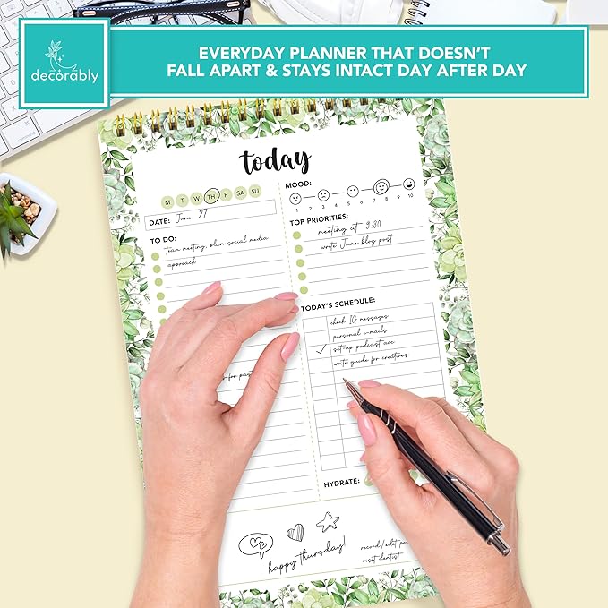 Decorably 52 Sheets Greenery Undated Daily to Do List Notepad with Water Tracker, 6.5x10" Spring-Bound Planner Pad, Easy Tear-Off Design, with Focus, Priorities, Habits, Notes & Doodles - Home, School