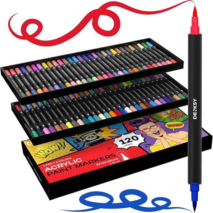 120 Dual Tip Acrylic Paint Markers Set | Colored Markers with Brush Tip | Art Markers for Adults | Acrylic Paint Pens for Rock Painting, Canvas, Glass, Wood, Ceramic, DIY Crafts, Fabric