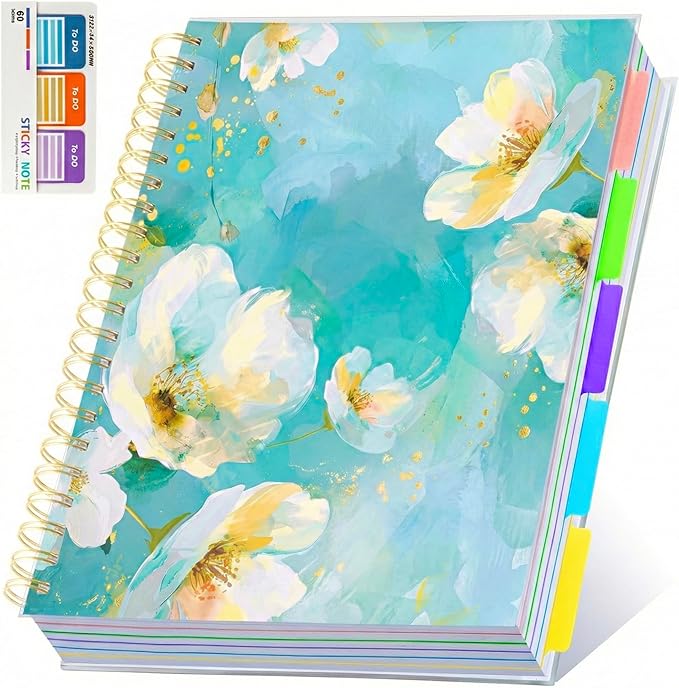 5 Subject Notebook for Work with Removable Dividers Tabs, Large 8.5" x 11 Spiral Lined Notebooks for School Note Taking & Organizer, A4 240 Pages College Ruled Journal for Women & Writing, Green Floral