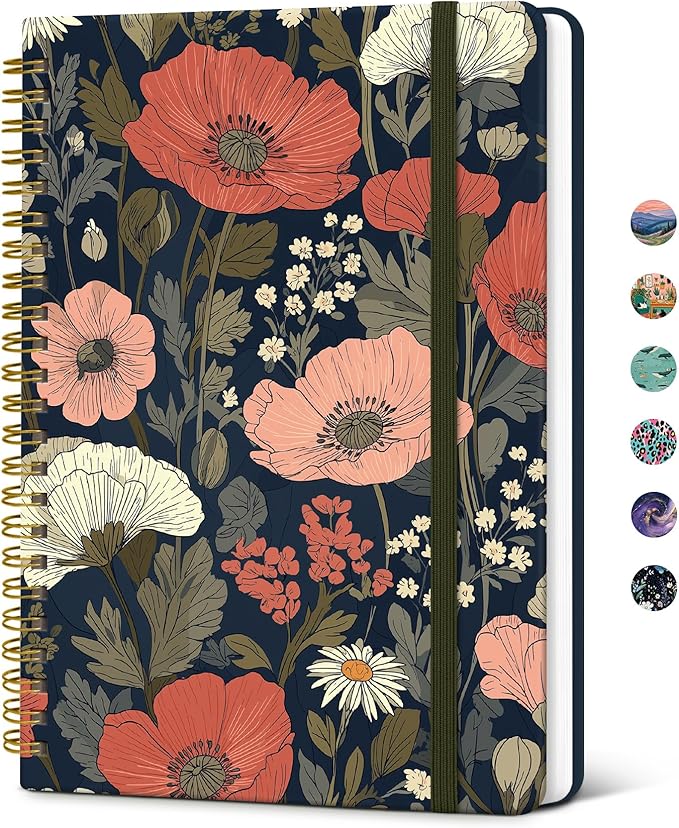 Taja Spiral Lined Journal for Women, Notebook for Work with Pretty Cover, 140 College Ruled Pages, Hardcover Notebook for Journaling, Note Taking, Bible Study, Poppy Field