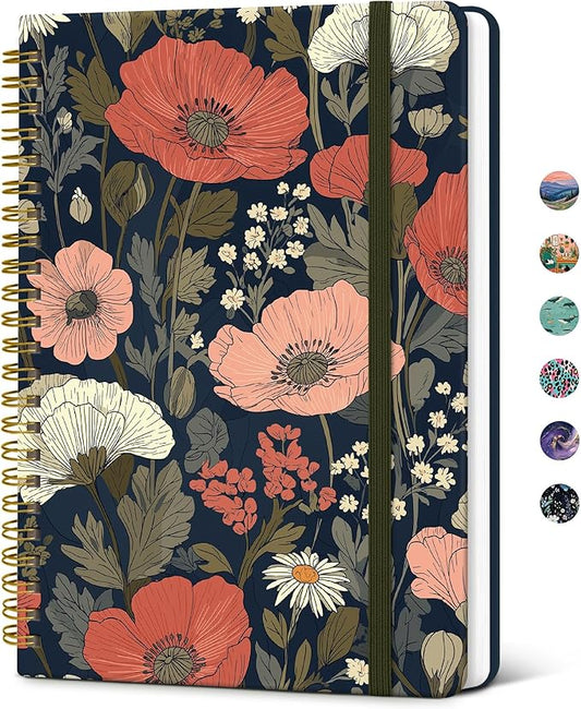 Taja Spiral Lined Journal for Women, Notebook for Work with Pretty Cover, 140 College Ruled Pages, Hardcover Notebook for Journaling, Note Taking, Bible Study, Poppy Field