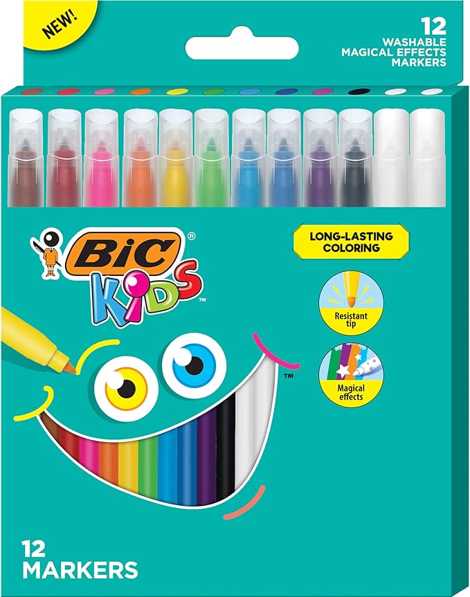 BIC Kids Coloring Magical Effects Markers, Medium Bullet Tip, Assorted Colors, 12/Pack