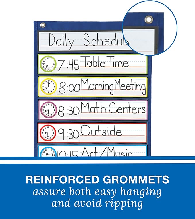 Carson Dellosa 13” x 36” Visual Schedule for Kids Pocket Chart, Organizer and Dry Erase Cards with Customizable Clocks, Circle Time Learning Center and Classroom Teaching Supplies