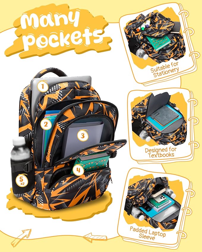 BLUEFAIRY Kids School Backpack for Boys Girls Ages 6-8 8-10 10-12 Elementary Middle School Book Bags with Laptop Compartment Mochilas Escolares para Niños Niñas de 8 10 12 Años (Orange, Geometric)