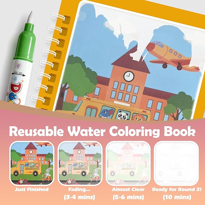 SAMZX Reusable Water Coloring Books for Toddlers 1-3, 6 Pack Magic Water Painting Book with Stickers, No Mess Travel Activity Toys & Educational Learning Kits Gifts for Kids Boys Girls Ages 3+