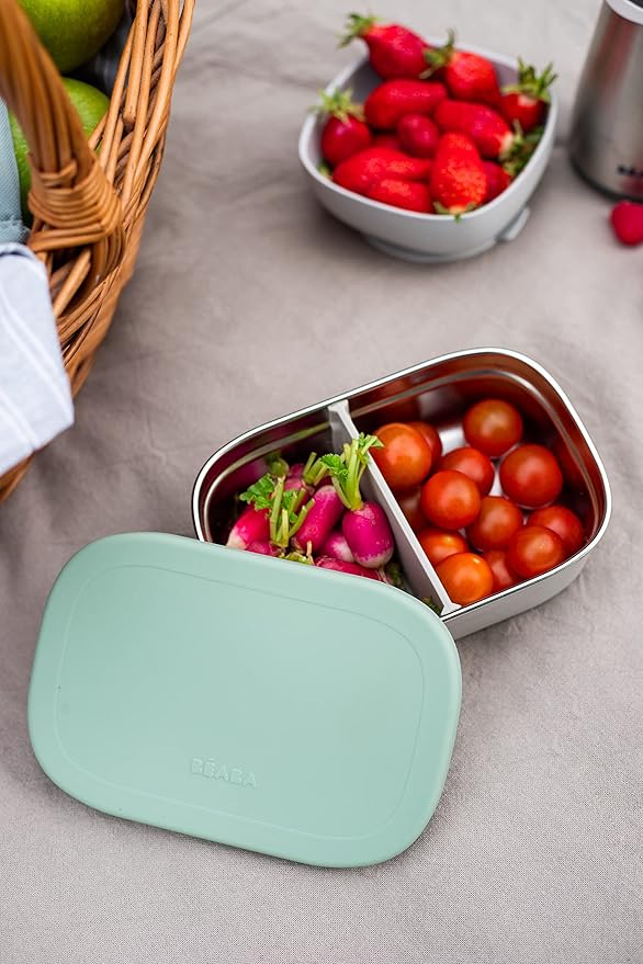 Beaba Stainless Steel Lunch Box, Kids Lunch Box with Silicone Lid, Bento Style Food Containers, Removable Silicone Dividers Make 1-3 Compartments, Sage