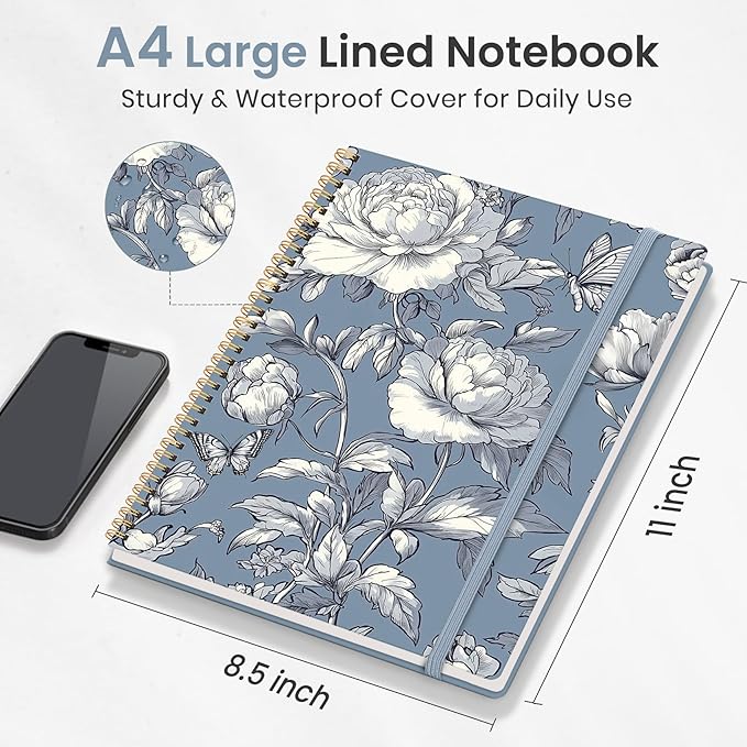 Taja Large Spiral Lined Journal for Women, 8.5" x 11" Notebooks for Work Collge Ruled, A4 Aesthetic Cute Journaling Notebooks for Writing, Plastic Cover, Butterfly Peony