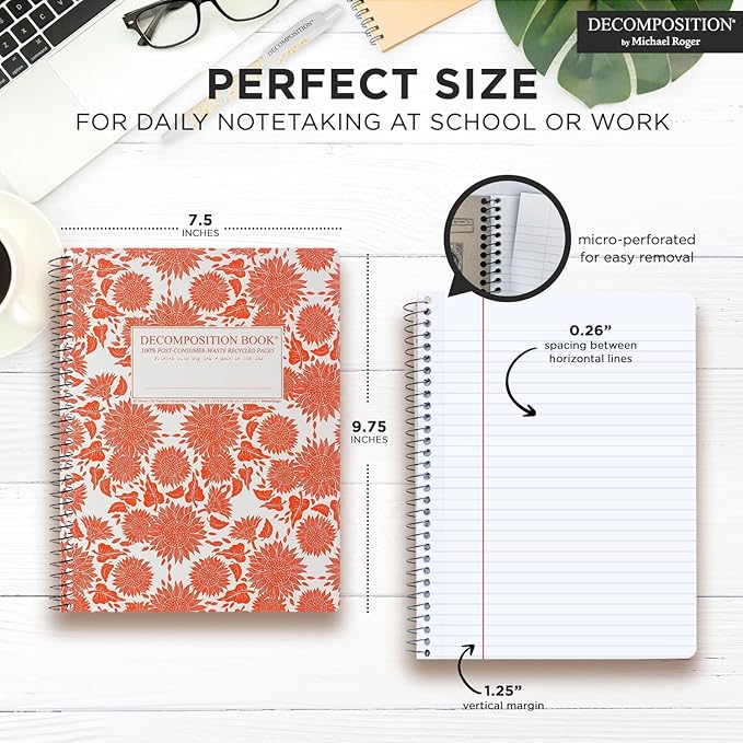 Decomposition Sunflowers College Ruled Spiral Notebook - 9.75 x 7.5 Journal with 160 Lined Pages - 100% Recycled Paper - Cute Notebooks for School Supplies, Home & Office - Made in USA