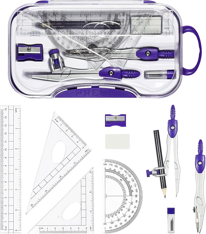 Unjoo Math Geometry Kit Sets 10 Piece Student Supplies with Shatterproof Storage Box,Includes Rulers,Protractor,Compass,Eraser,Pencil Sharpener,Lead Refills,Pencil,for Drafting and Drawings（Purple）