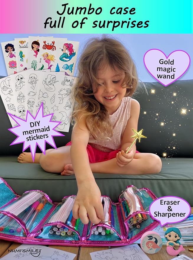 Mermaid Pencil Case With Fruit Scented Markers Art Set, Little Mermaid Gifts For Girls Ages 3 4 5 6 7 8 9 10 Years Old, Kids Coloring Set Arts & Crafts Supplies, Birthday Girl Mermaid Toys For Girls