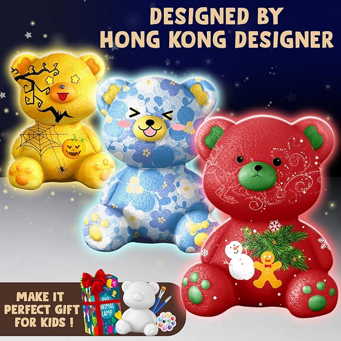 Goody King Paint Your Own Bear Lamp Kit, DIY Night Light, Arts and Crafts for Kids Ages 8-12, Art Supplies Painting kit for Kids, Room Decorations, Bear Crafts Birthday Gifts for Kids Ages 3 4 5 6 7 8