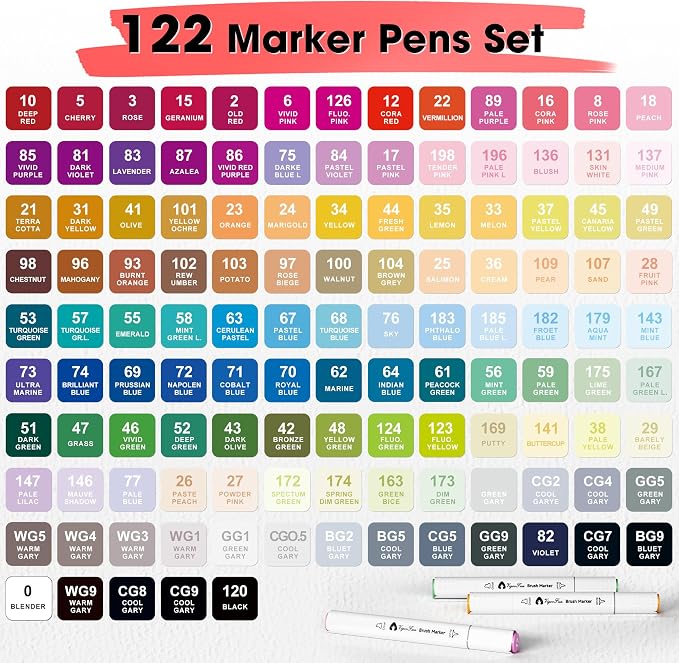 VigorFun Alcohol Markers Brush Tip, 122 Colors Dual Tip Brush & Chisel