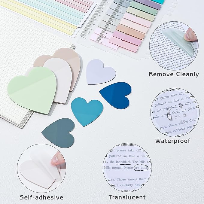 870 Sheets Transparent Sticky Notes, Clear 3 x 3 Heart Sticky Notes with Marker, Waterproof Translucent Annotation Index Tabs for Bible Study Journaling Supplies