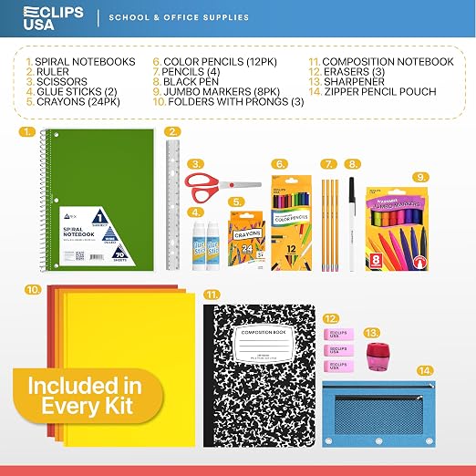 72 Piece Back to School Supplies Kit 12 Pack Bulk K-5 Kids School Supply Kit