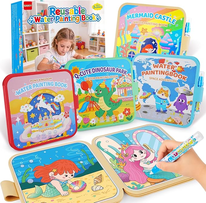 QANIY Reusable Water Painting Book, 4 Pack Magic Water Coloring Books with 4 Water Pens for Toddlers，Mess-Free Coloring Book with 4 Different themes,Travel Activity Toys, Gift for Boys & Girls Ages 3+