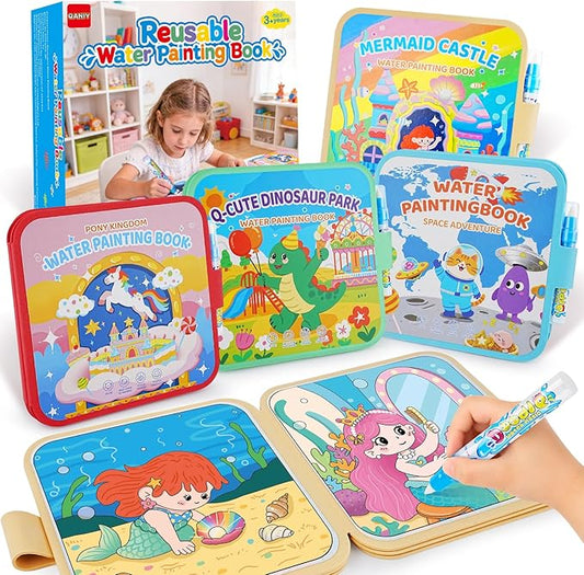 QANIY Reusable Water Painting Book, 4 Pack Magic Water Coloring Books with 4 Water Pens for Toddlers，Mess-Free Coloring Book with 4 Different themes,Travel Activity Toys, Gift for Boys & Girls Ages 3+