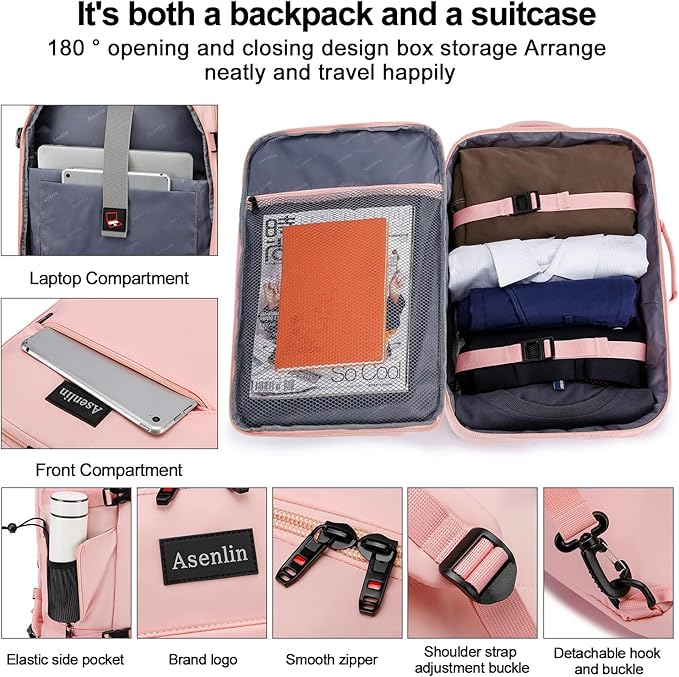 Asenlin Travel Backpack for Women Men,Flight Approved Carry On Luggage 30L Water Resistant Business Laptop Backpacks Fits TSA 15.6 Inch Computer College Weekender Outdoor Hiking-Pink