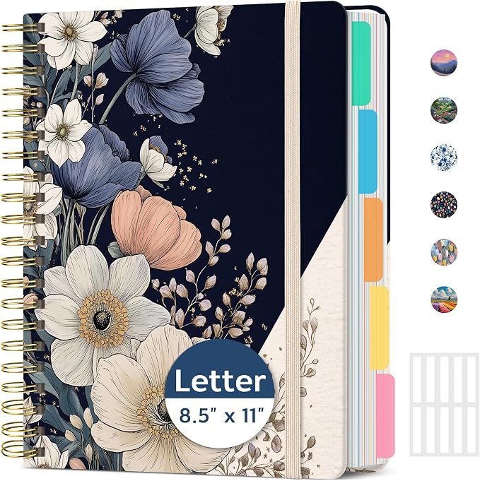 Taja Pretty Large Spiral Lined Notebook for Work with 5 Removable Dividers