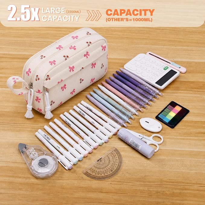 Big Capacity Pencil case,Soft Corduroy Pencil Bag with 3 Compartment,Pencil Pouch School Supplies Cute Pencil Box Pencil Bag for Teen Girls Boys College (Bow With Cherry)