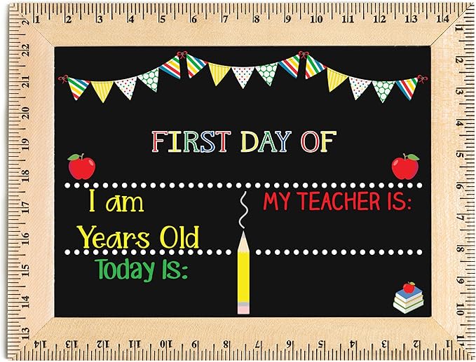 First Day of School Sign (15"x11.5"), Reusable Chalkboard, Easy-to-Clean with Real Wooden Ruler Frame, Handmade in USA by Bloom Owl, Perfect Back to School Chalkboard Sign, First and Last Day