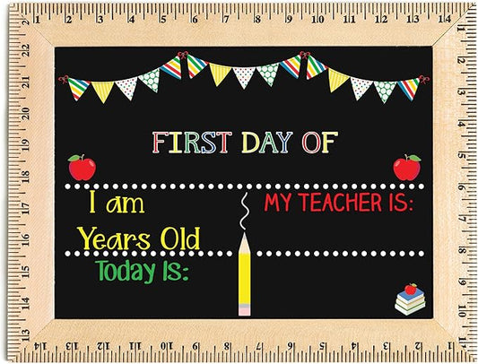 First Day of School Sign (15"x11.5"), Reusable Chalkboard, Easy-to-Clean with Real Wooden Ruler Frame, Handmade in USA by Bloom Owl, Perfect Back to School Chalkboard Sign, First and Last Day