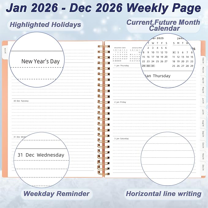 Day Planner 2026, Weekly and Monthly Planner 2026, Jan 2026-Dec 2026, 6.2" x 8.4", Calendar Daily Planner with Tabs & Pocket, 100GSM Thick Paper, Pink