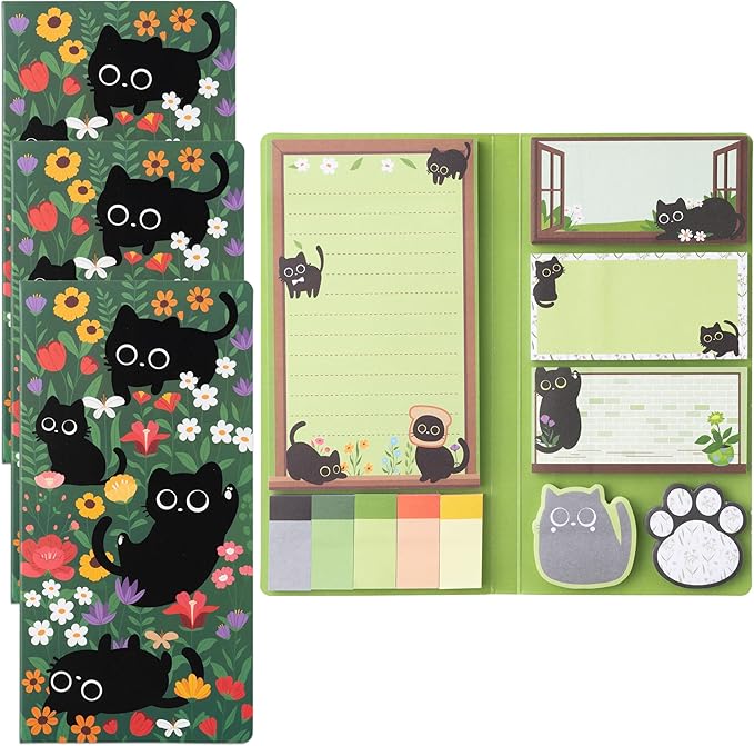 B1ykin Cat Floral Sticky Notes Set - Wildflower Lovely Black Shaped Self-Stick Notes Pad, 550 Sheets Writing Memo Pages Sticky Notepad for Teacher Appreciation Gifts, School Office Supplies (3Pcs)