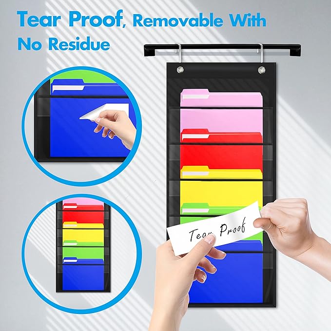 Storage Pocket Chart, Heavy Duty Wall File Organization Folder with 5 Clear File Pockets, 5 Blank Dry-Erase Name Stickers Plus 2 Over Door Hooks for Files, Bills, Classroom & Office (Black, 14” X 28”)