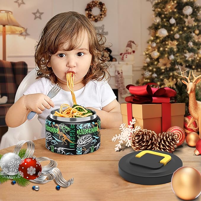 JXXM 8 Oz Thermo Food Jar for Hot & Cold Food for Kids, Insulated Lunch Containers Hot Food Jar,Leak-Proof Vacuum Stainless Steel Wide Mouth Lunch Soup Thermo for School (Black-Dinosaur Fossils)