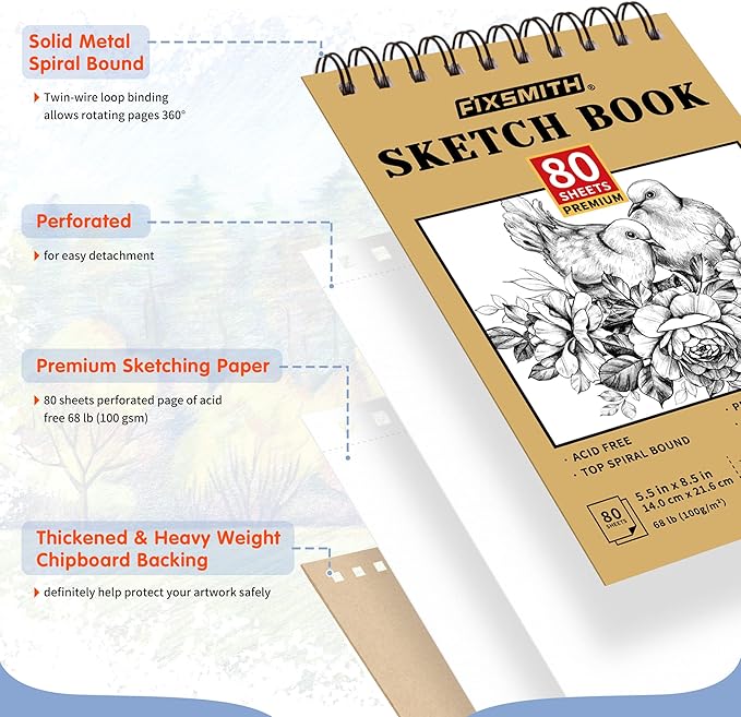FIXSMITH 5.5"X8.5" Sketch Book | 80 Sheets (68 lb/100gsm) Sketchbook | Top Spiral Bound Artist Sketch Pad | Acid Free Drawing Pad | Ideal for Kids, Beginners, Artists & Painters | Bright White