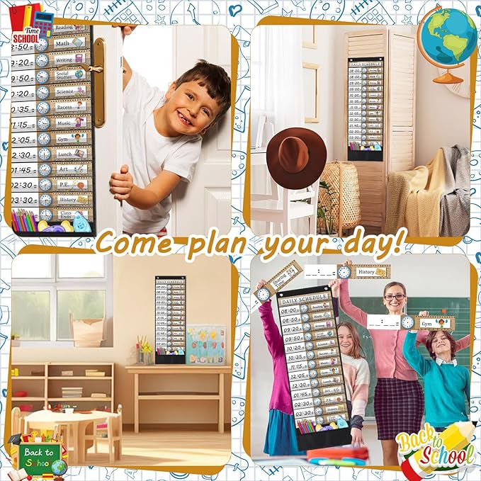 Chiisong Daily Schedule Pocket Chart, 14+1 Pocket, with 40 Pcs Reusable Dry Eraser Cards Calendar for Classroom Toddler Schedule Chart Office Home Activity(Burlap Style)