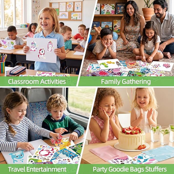 24 Sheets 8.27''×5.9'' Make Your Own Stickers for Kids Toddlers, Make a Face Stickers Mix and Match with Unicorns Dinosaur Horse and Sea Animals for Kids Party Favors Activities