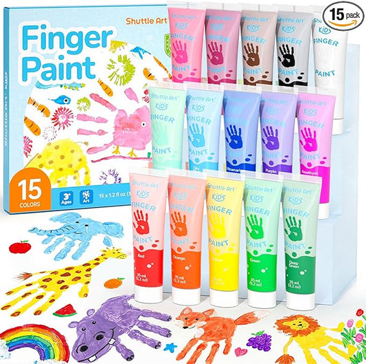 Shuttle Art Washable Finger Paint for Toddlers, 15 Vibrant Colors (1.2 fl oz) Toddler Paint, Non-Toxic Finger Painting for Toddlers 1-3, Kids Arts and Crafts