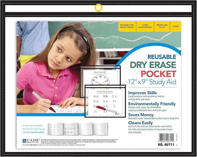 C-Line Reusable Dry Erase Pockets, Horizontal - Open on Long Side, 9 x 12 Inches, 30 per Box, Black (40711-30)