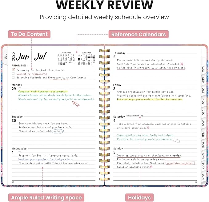 Planner 2026-2027, Academic Planner Weekly and Monthly, Jul 2026 - Jun 2027, Spiral Bound School Planning Tool with Tabs and Pocket, Perfect for Students & Teacher, 6.3" x 8.5", Windmill Fields