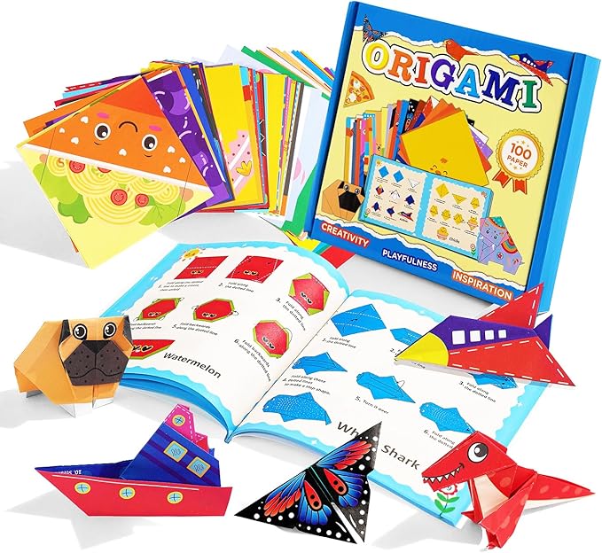 Origami Kit for Kids Ages 5-8 8-12, 100 Sheets Double Sided Colorful Folding Paper (45 Patterns×2+10Blank) with Clear Guiding Book, Animals Dinosaur Art Activity DIY Craft Set Gift for Girls Boys