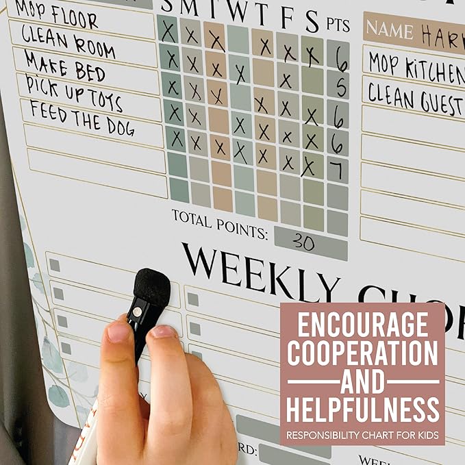 Hadley Designs Magnetic Chore Chart for Kids Multiple - Chores Board for Refrigerator, Dry Erase Task Chart for 2 Kids Daily Behavior, Family Weekly Planner for Teens and Adults, Greenery Chore Board